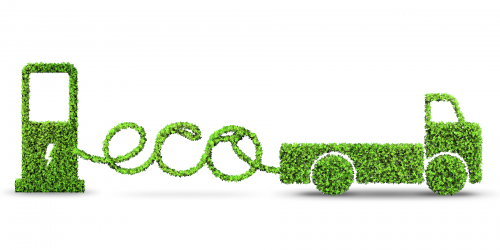Grüner LKW aus Blättern, die Nachhaltigkeit symbolisieren
